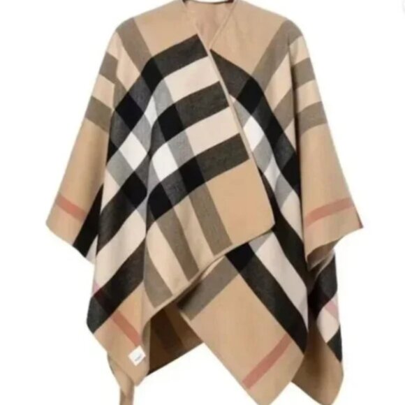 Burberry Women’s Charlotte Reversible Solid Check Wool Cape Camel - Picture 2 of 7